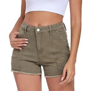 Women's Stretch Denim Shorts Mid Rise Raw Hem Pockets Casual Athletic